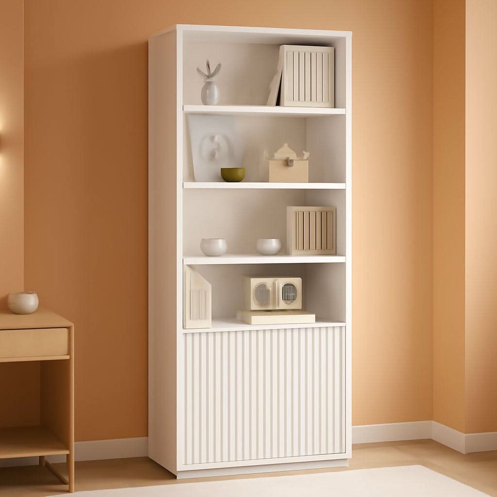 72 inch tall contemporary bookcase with 7 tier shelving and enclosed bottom storage cabinet doors