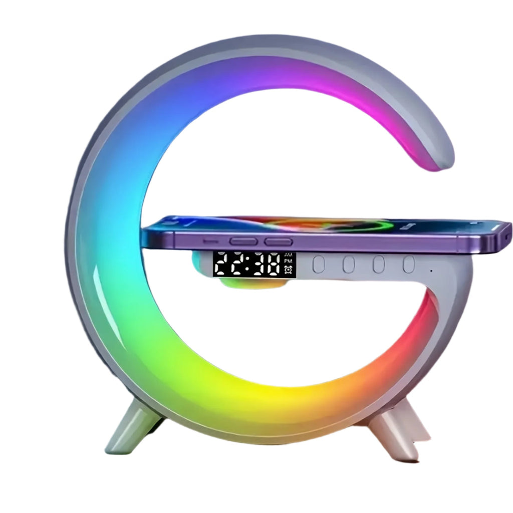 White wireless Bluetooth speaker with RGB rhythm light and fast charging base on a tabletop