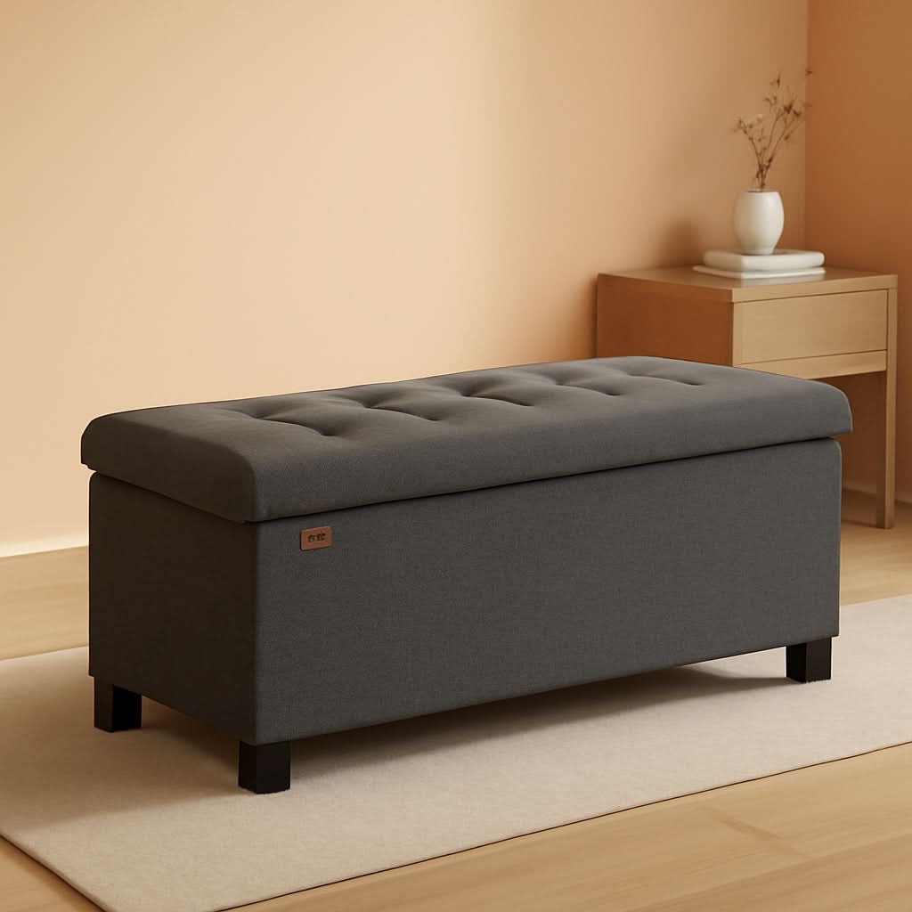 Slate gray storage ottoman bench in linen-look fabric with open lid showing hidden storage
