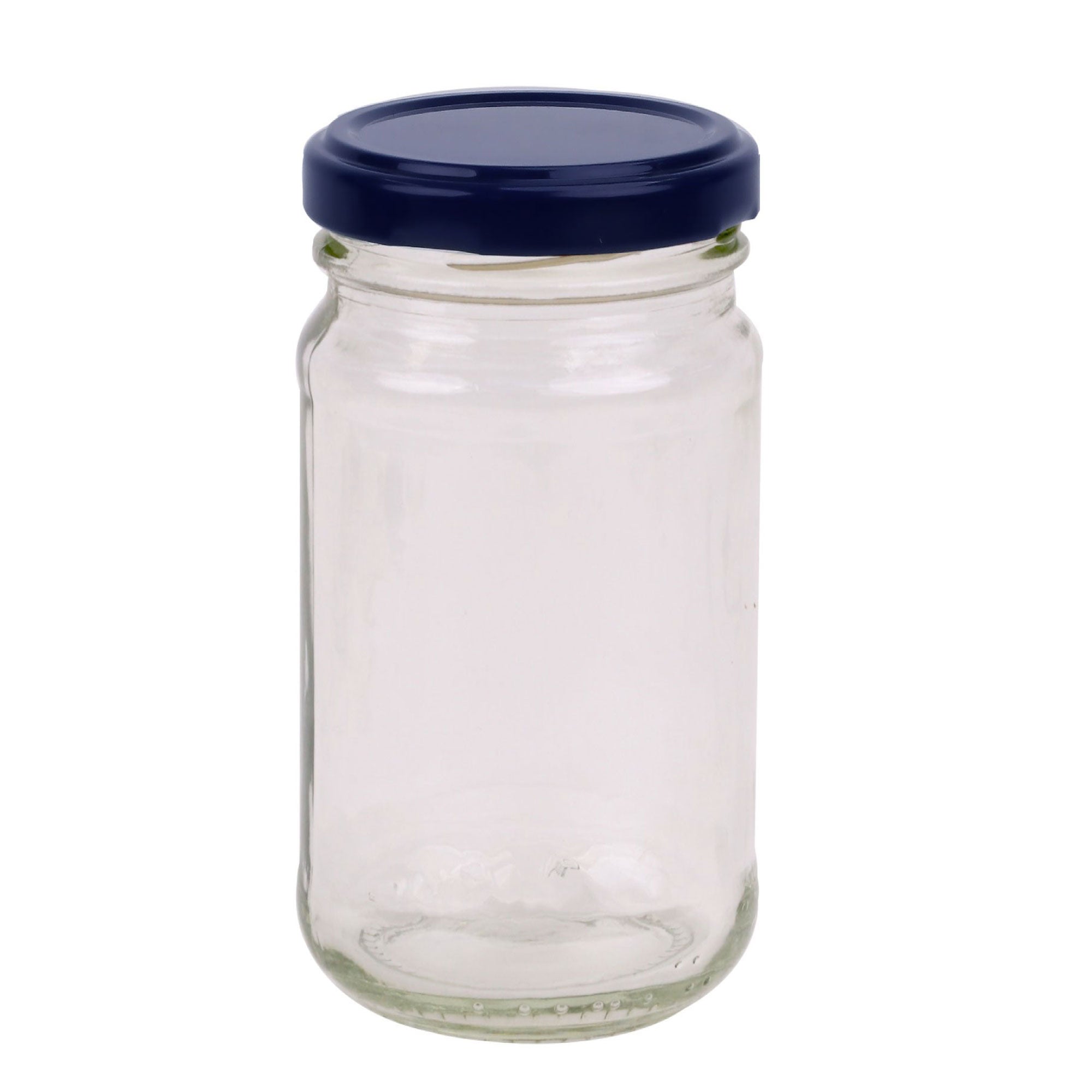 Clear 375ml round flint glass jars with black metal twist lids for kitchen food storage — view 2