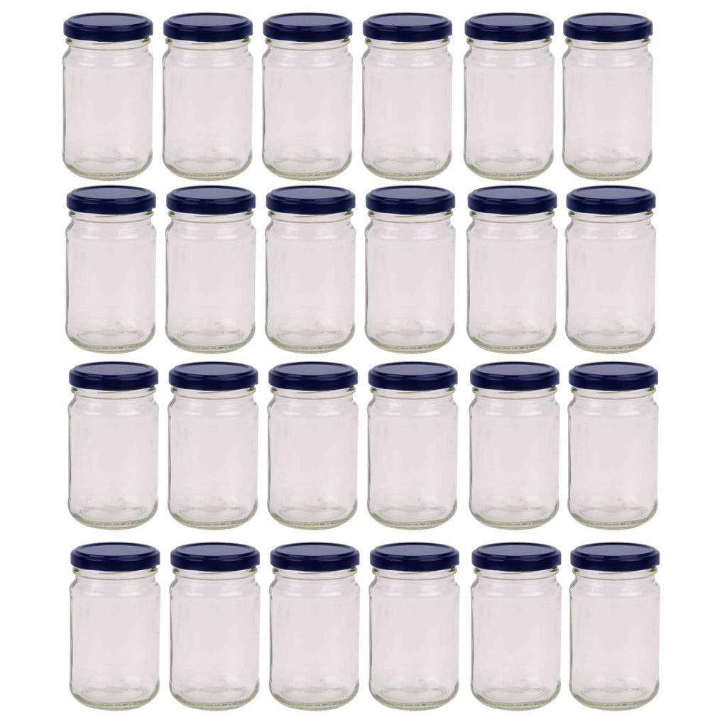 Clear 375ml round flint glass jars with black metal twist lids for kitchen food storage