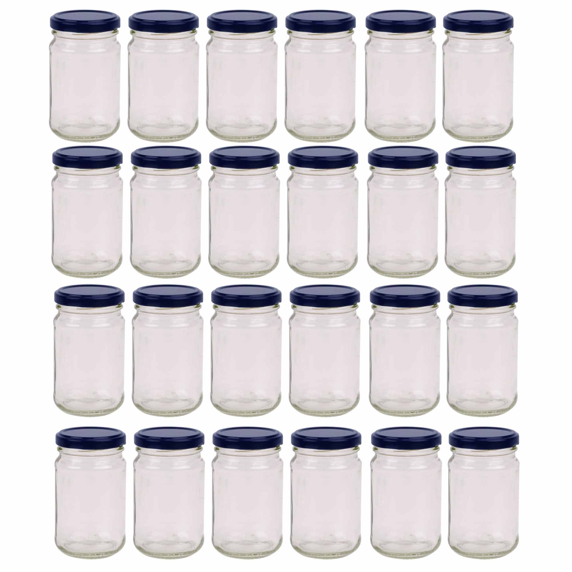 Clear 375ml round flint glass jars with black metal twist lids for kitchen food storage