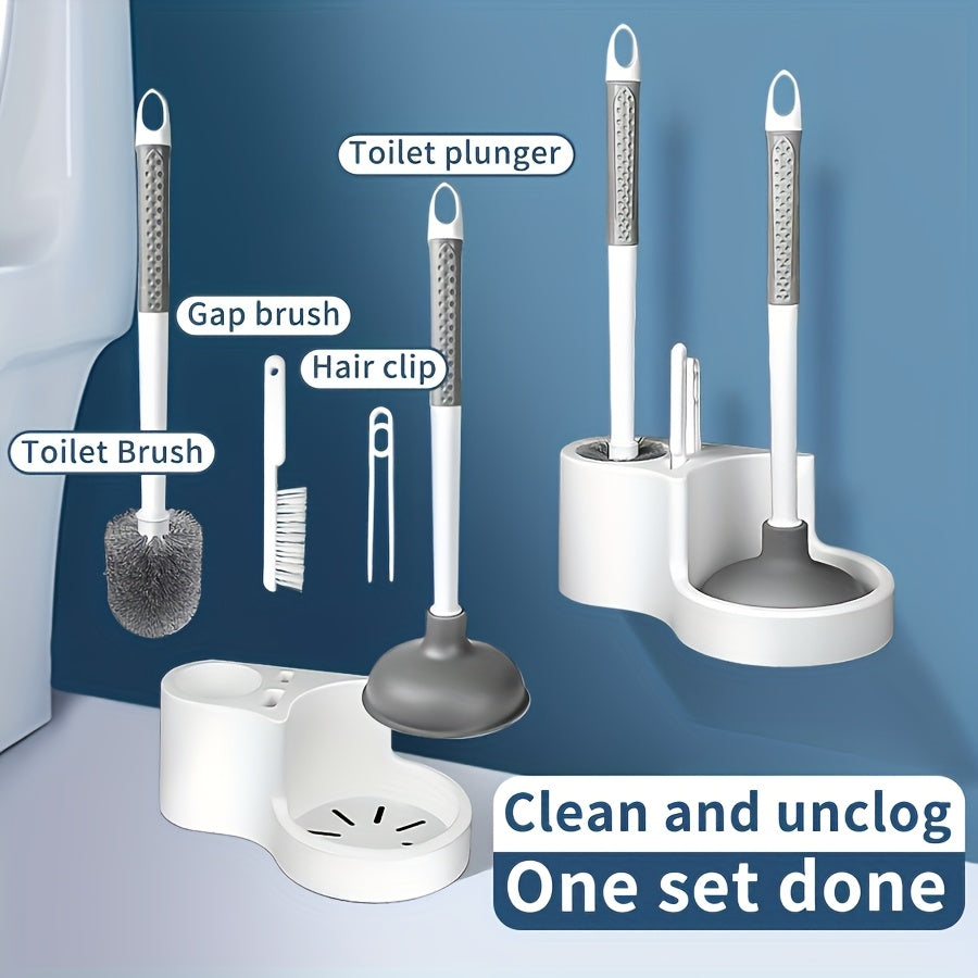Wall mounted plastic toilet brush set with interchangeable cleaning heads and long ergonomic handle — view 2
