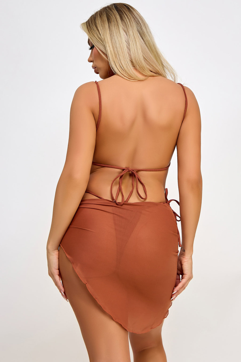 Three piece Danica bikini swimwear set with ruffled top tie bottoms and matching mesh sarong — view 3