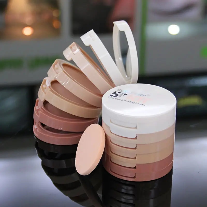 5-in-1 waterproof makeup powder compact with built-in mirror, puff applicator, and versatile contouring shades — view 3