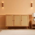 Natural rattan buffet cabinet pair with woven doors, gold handles, and adjustable shelves
