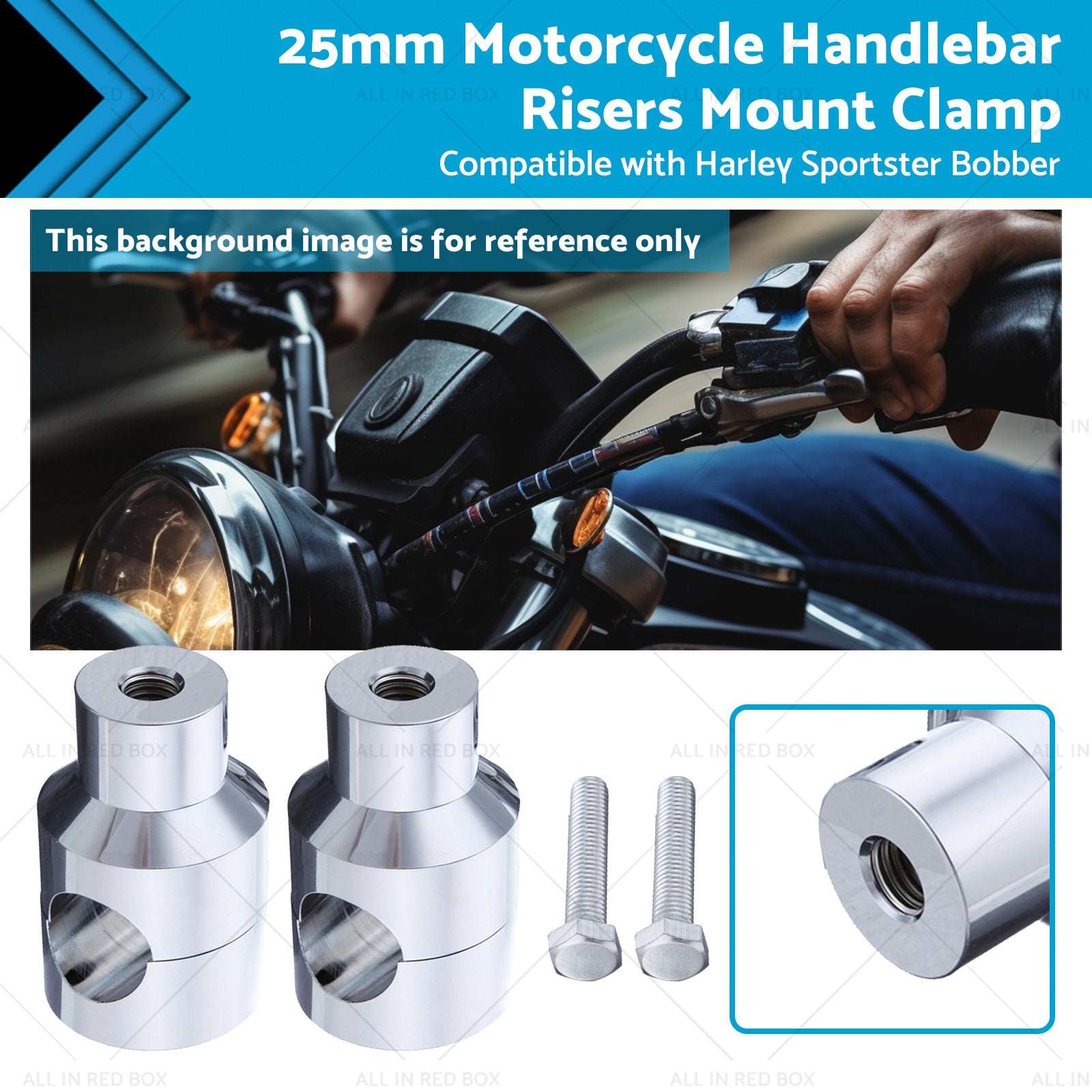 Chrome one inch motorcycle handlebar risers and mounting screws for Harley Sportster custom upgrade. — view 2