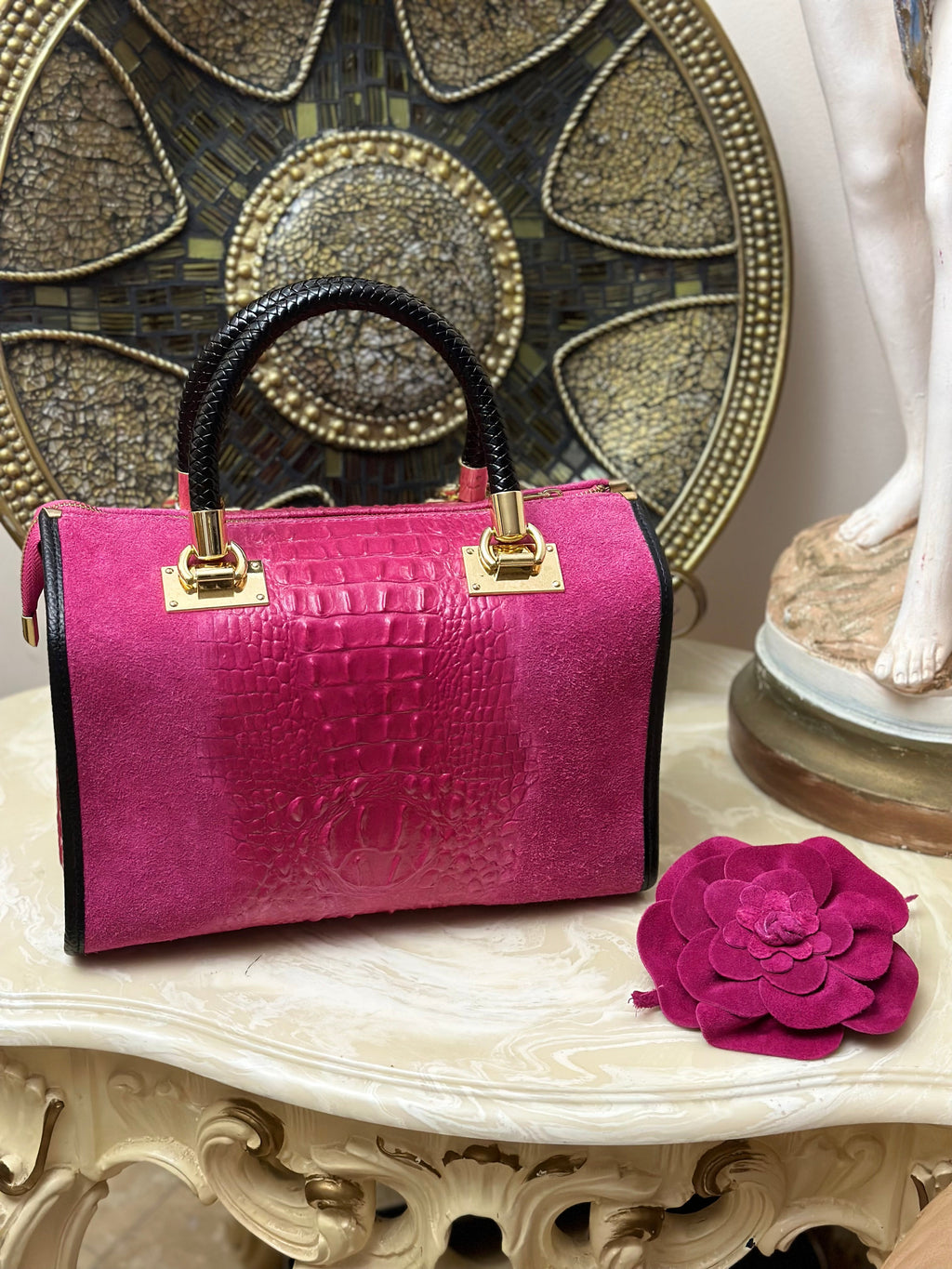 Suede Croc Emboss Italian Leather Handbag-3