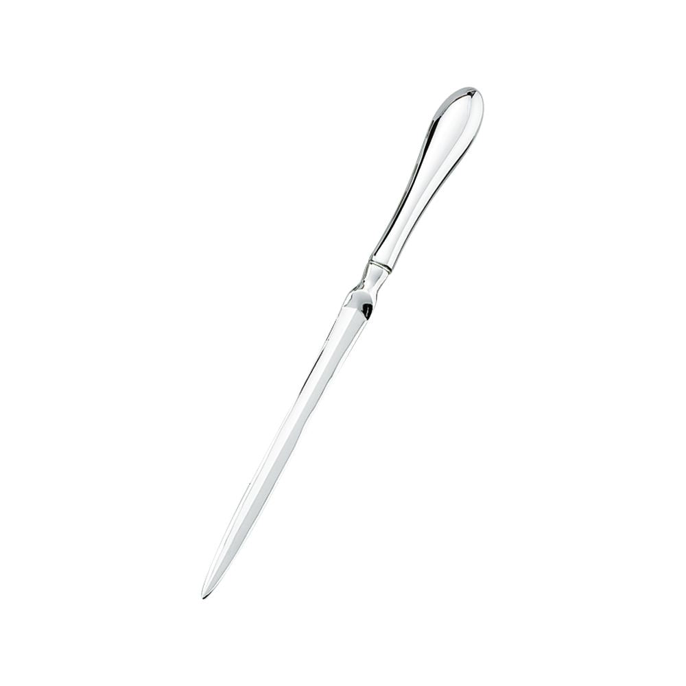Traditional Paul Revere style nickel plated letter opener inside a sleek black gift box — view 2