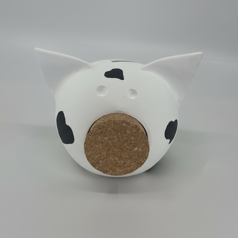 Queen of Hearts ceramic piggy bank in white with hand-painted black heart motifs and cork snout — view 4