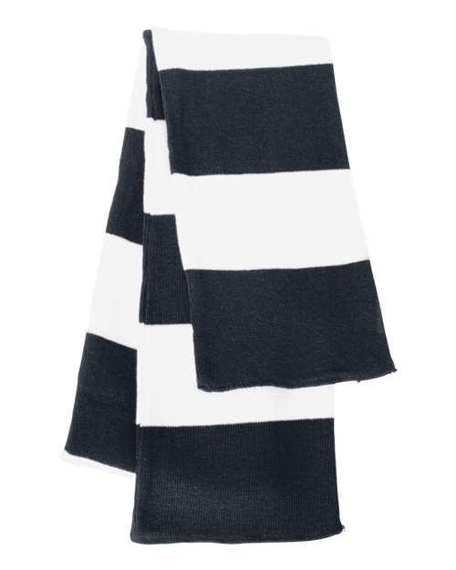 Classic rugby-striped knit winter scarf laid flat showing soft acrylic fabric texture and vintage pattern — view 5