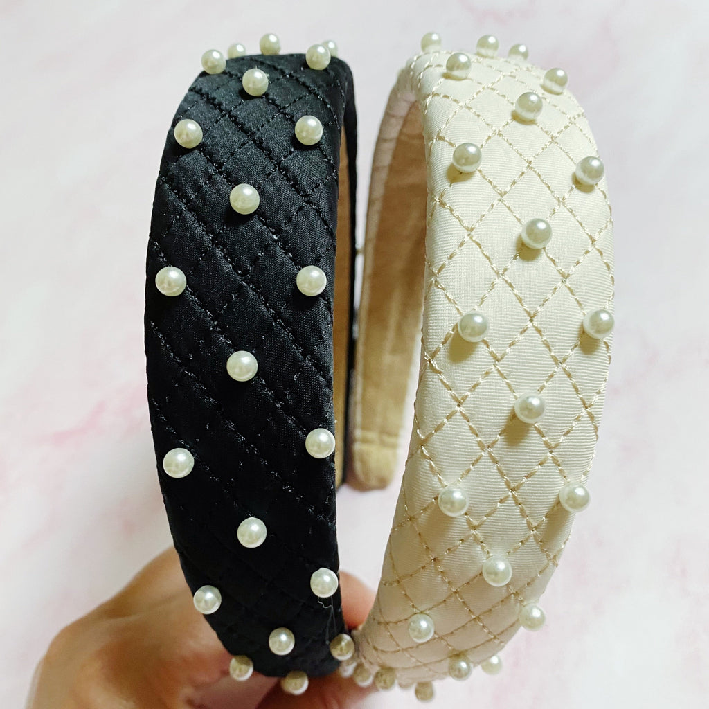 Quilted elegance pearl headband in soft fabric featuring hand-nailed pearls and smooth padded edges — view 4