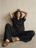 Women's black 100% pure linen trousers, expertly tailored premium Italian capsule collection pants