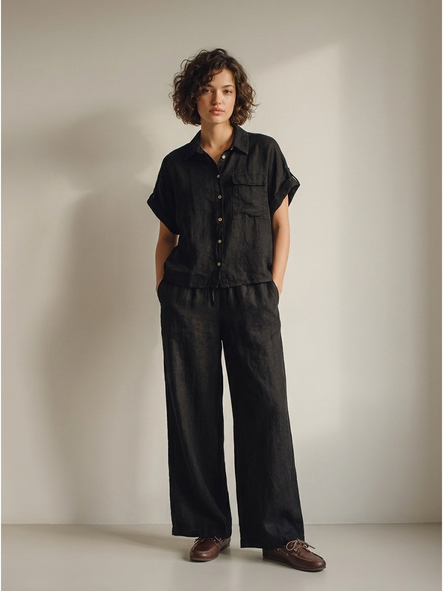 Women's black 100% pure linen trousers, expertly tailored premium Italian capsule collection pants — view 2