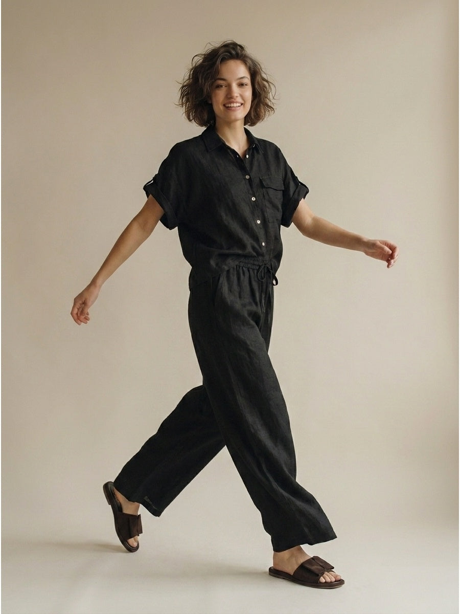 Women's black 100% pure linen trousers, expertly tailored premium Italian capsule collection pants — view 4