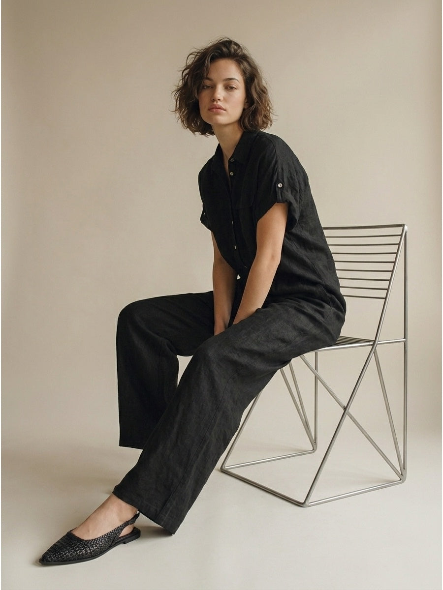 Women's black 100% pure linen trousers, expertly tailored premium Italian capsule collection pants — view 5