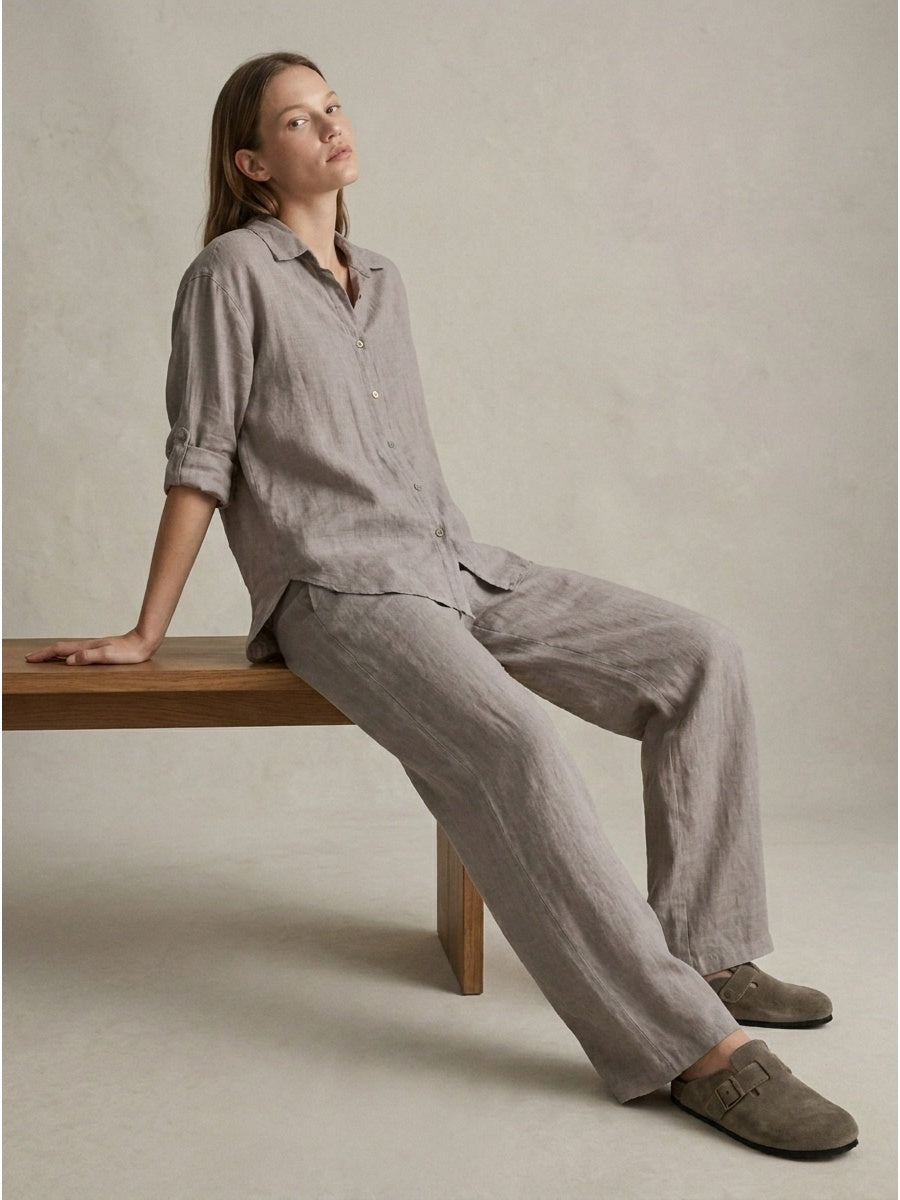 Women's grayish linen trousers from the capsule collection featuring relaxed elegant Italian tailoring — view 3