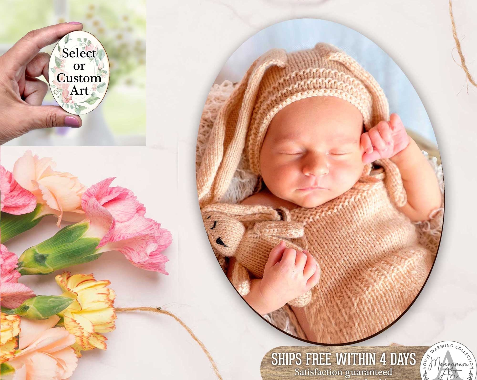 Custom photo refrigerator magnet displaying personalized engagement save the date details and baby shower announcement