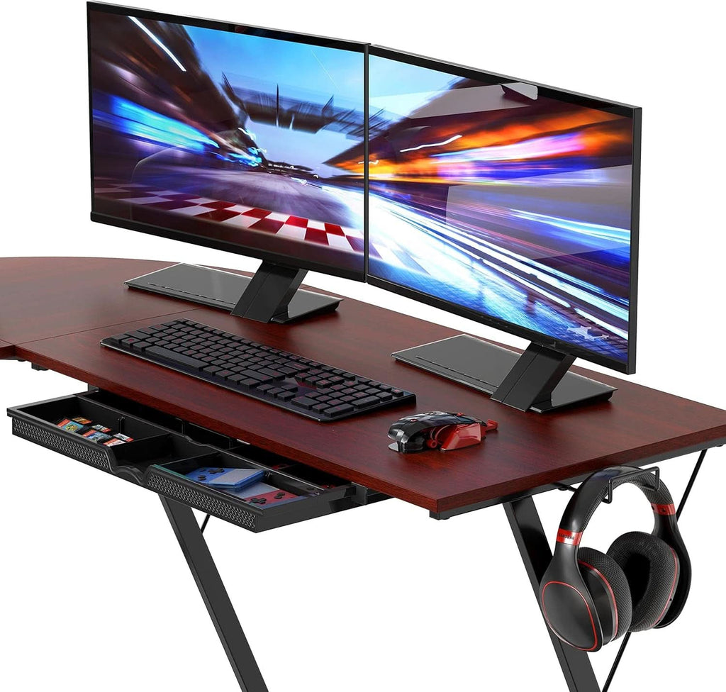 Vista cherry L-shaped corner computer desk with adjustable monitor stand and steel Z-shaped legs — view 4