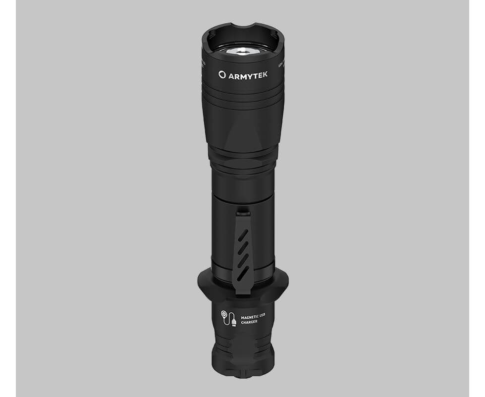 Armytek Dobermann Pro tactical flashlight in black aluminum with magnetic USB charger and battery