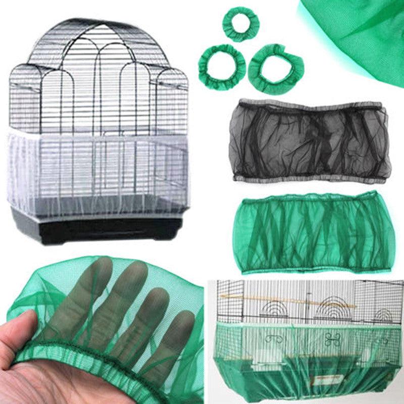 Dust-proof mesh bird cage cover with elastic edges shown on a round aviary