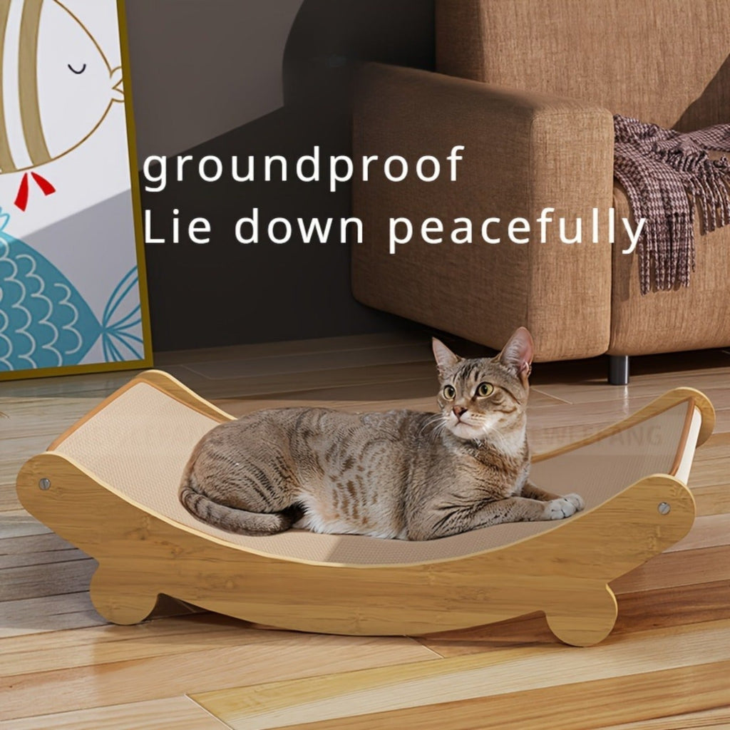 Space-saving wooden cat scratcher tower with natural wood finish and textured linen scratching post — view 3