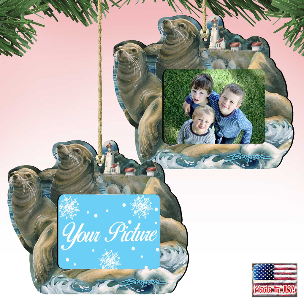 Wooden sea lions and lighthouse picture frame ornament with coastal art for holiday tree decor