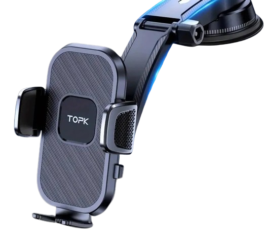 Black adjustable dashboard car phone holder securing a smartphone for hands-free driving navigation.