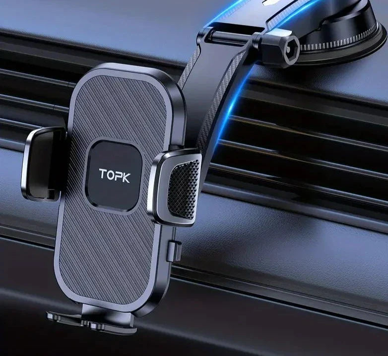 Black adjustable dashboard car phone holder securing a smartphone for hands-free driving navigation. — view 2