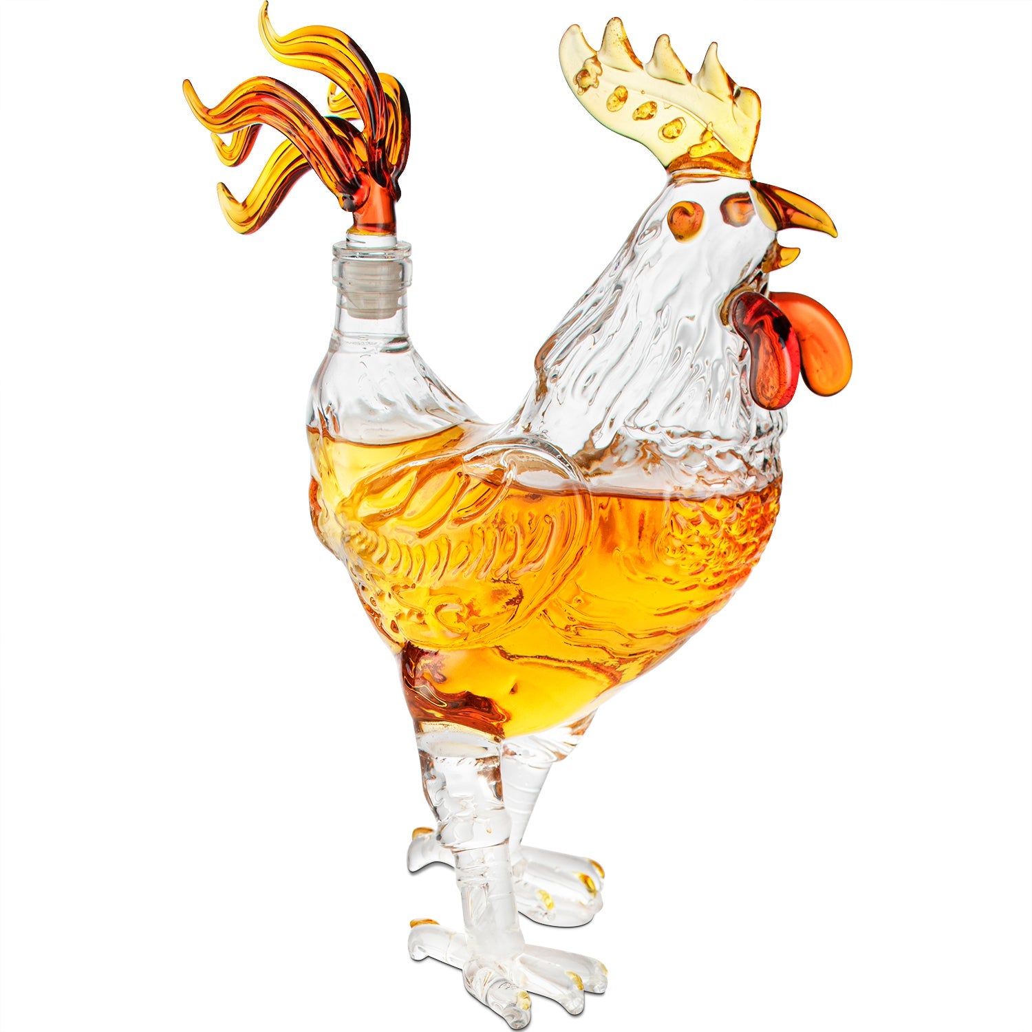 Rooster shaped 500ml glass whiskey decanter with colored accents and tail stopper — view 5