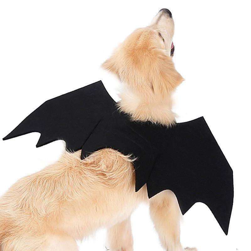 Black felt bat wings dog costume featuring adjustable Velcro straps on a white background — view 3