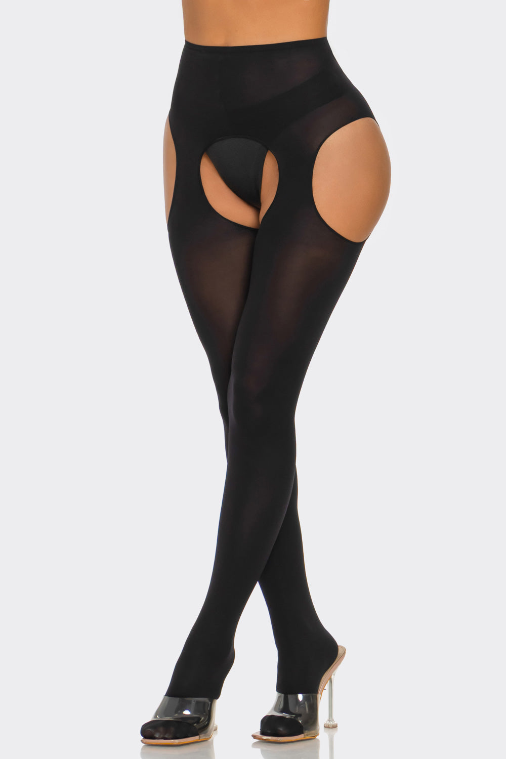 2690 Peekaboo Tights featuring a high-waisted crotchless cutout design in black stretch fabric — view 2