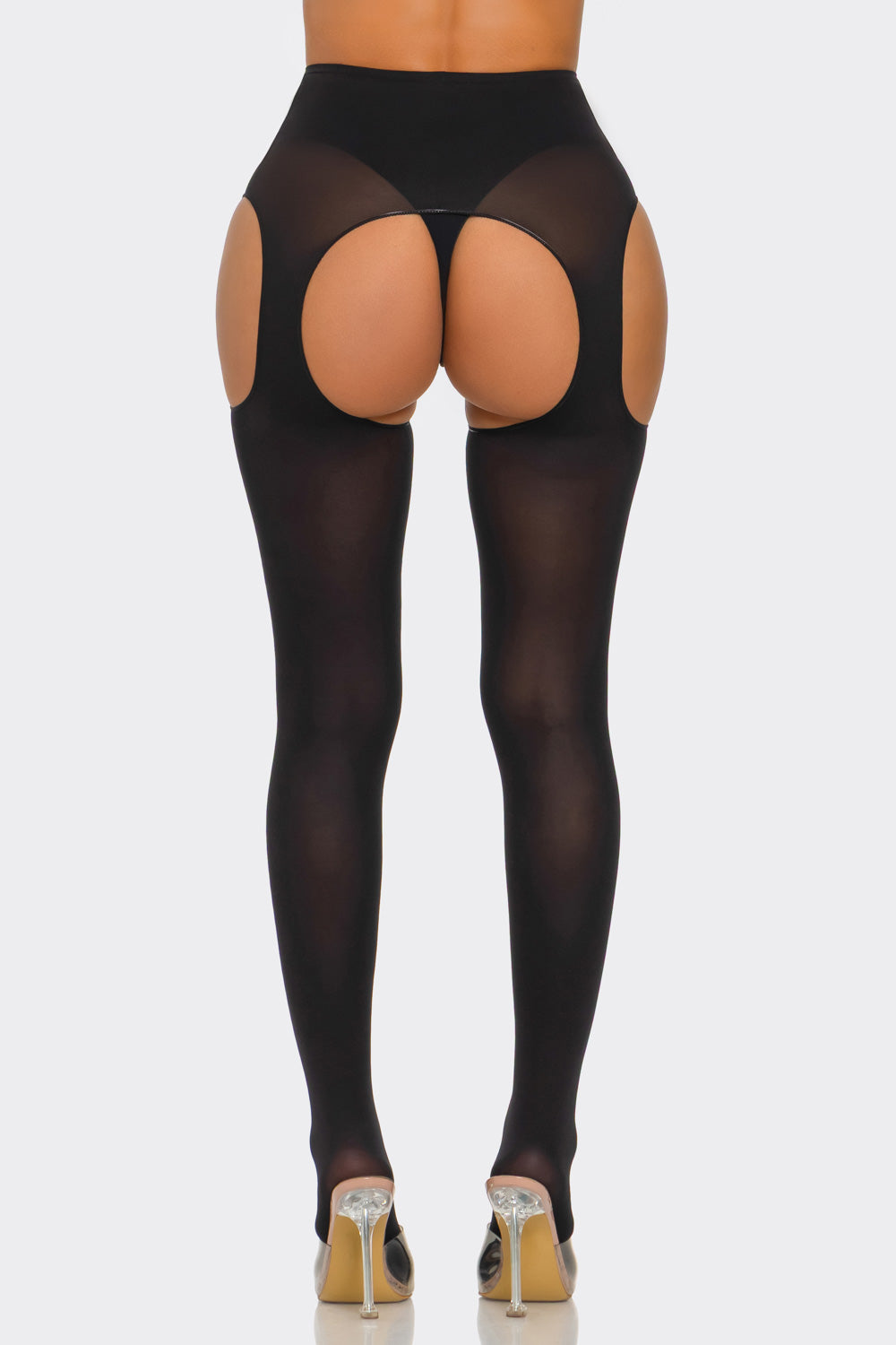2690 Peekaboo Tights featuring a high-waisted crotchless cutout design in black stretch fabric — view 4