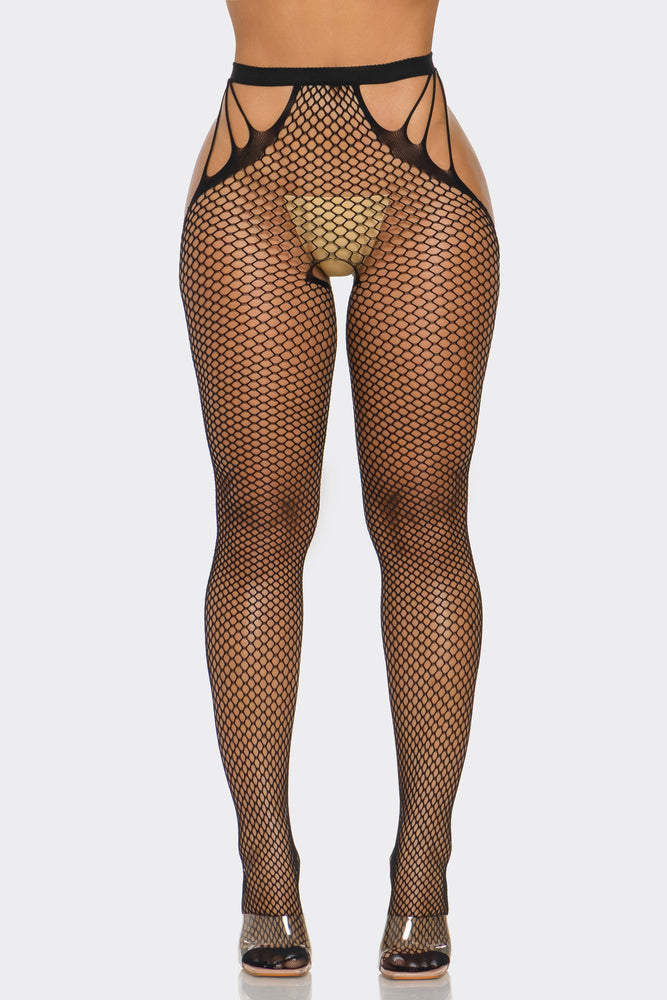 What A Catch high waist crotchless fishnet tights with bold strap cutouts and form fitting design. — view 3