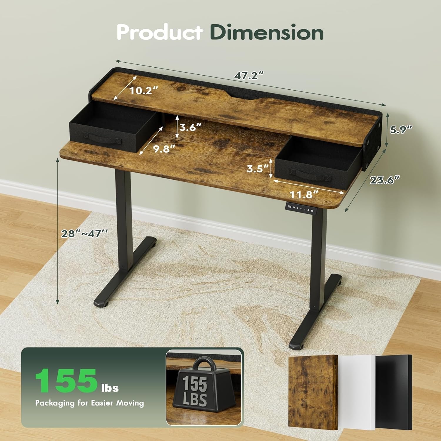 Electric adjustable standing desk with two drawers and control panel for ergonomic home office setups. — view 3