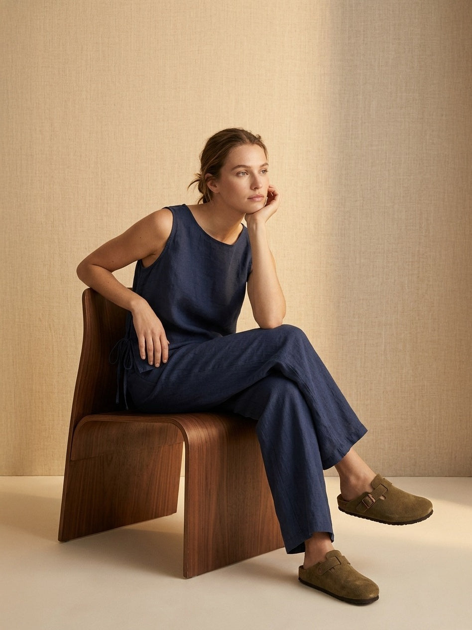 Elegant women's blue pure linen trousers featuring expertly tailored seams and a lightweight, relaxed fit — view 4