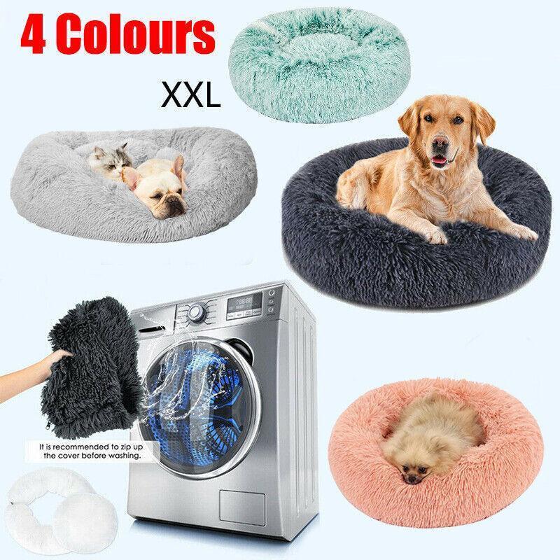XXL round plush calming pet bed donut nest with a washable grey zipper cover