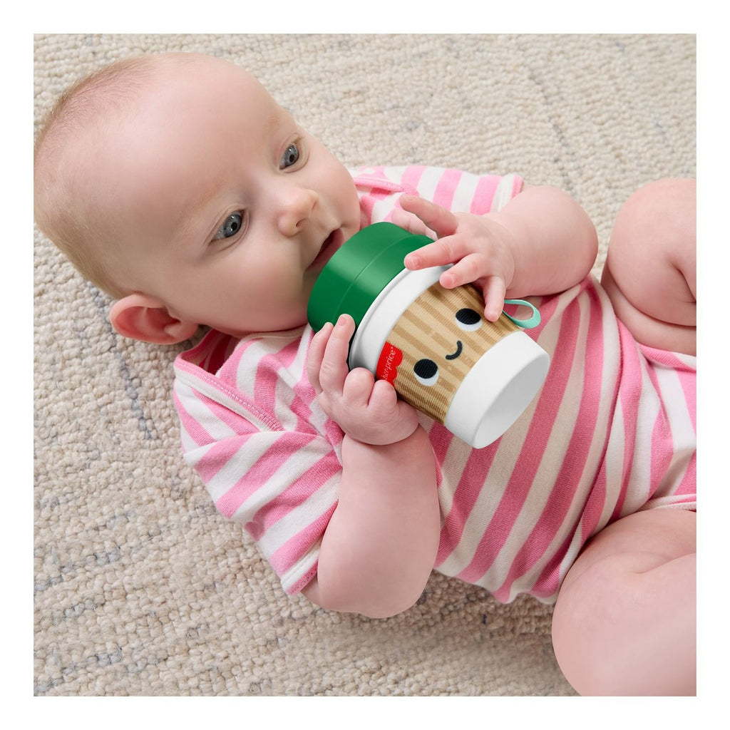 Fisher-Price mini coffee cup baby teether and sensory rattle with pretend coffee beans inside — view 3