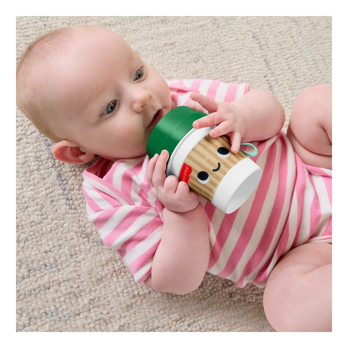 Fisher-Price mini coffee cup baby teether and sensory rattle with pretend coffee beans inside — view 3