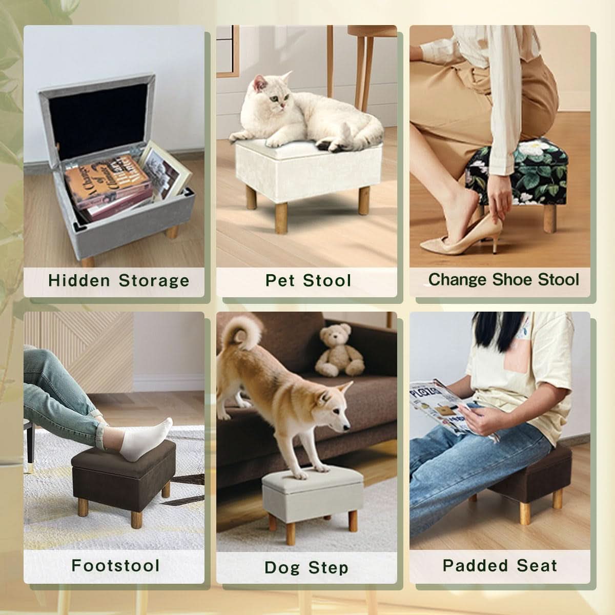 Multifunctional storage ottoman with hidden lid neutral fabric cushioned footrest for living room organization — view 3