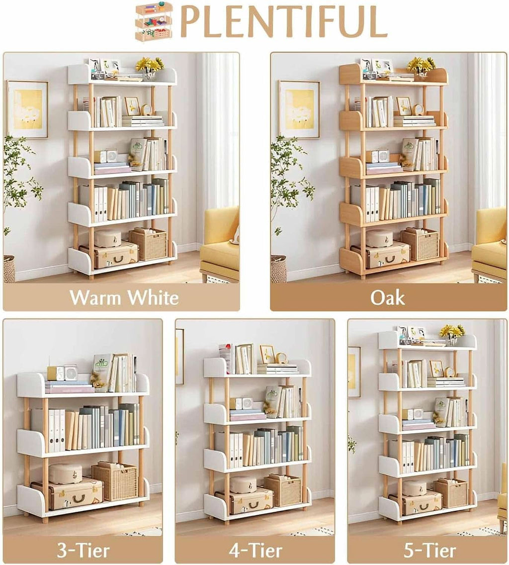 3 tier wooden open bookcase in warm white and oak finish with solid wood legs. — view 5