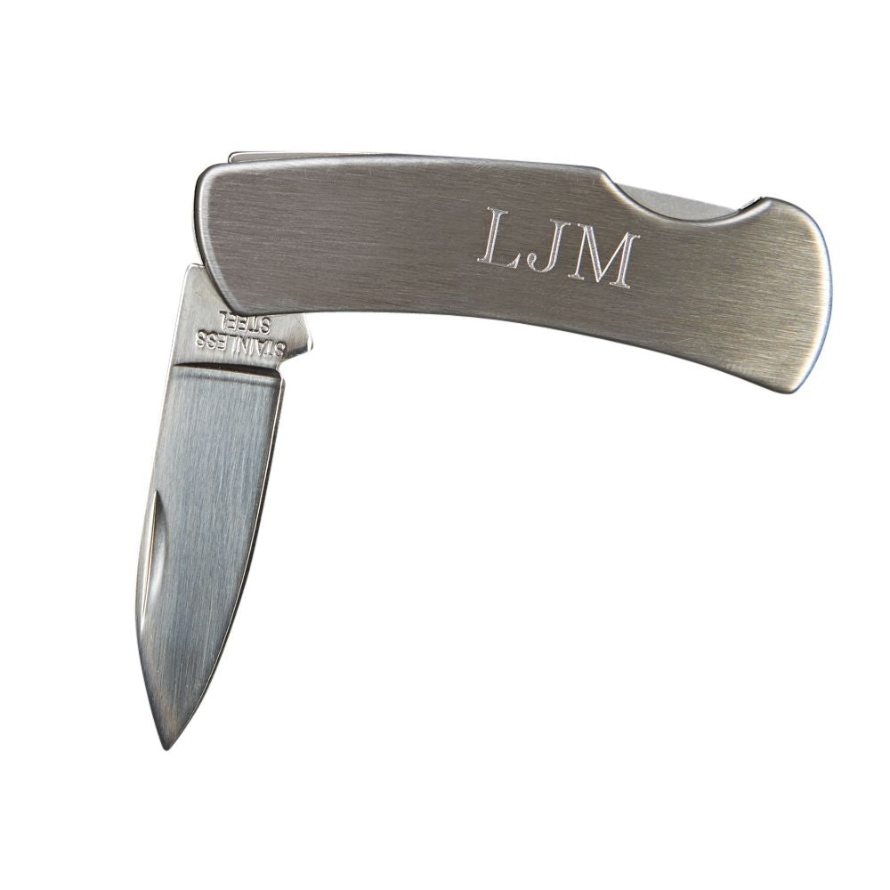 Stainless steel folding locking pocket knife with smooth plain sides for custom engraving