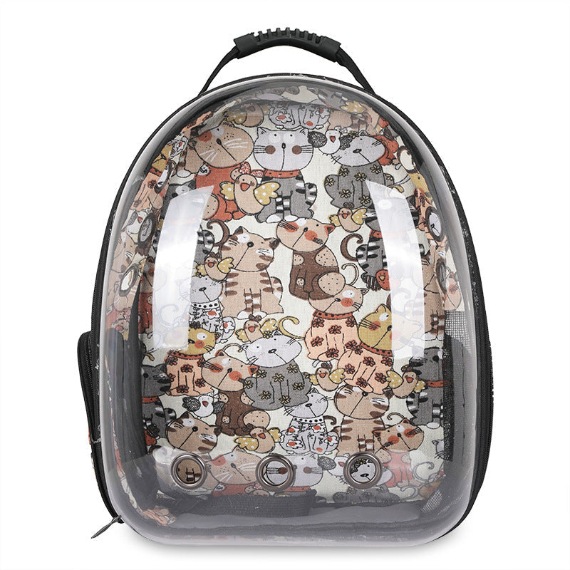 Clear pet carrier backpack with transparent front panel, ventilation holes, and Oxford cloth shoulder straps