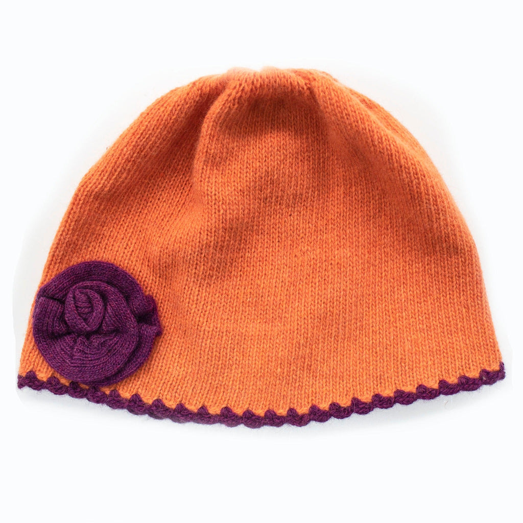 Kids contrast flower beanie in cashmere blend with whipstitch edging, available in various colors