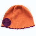Kids contrast flower beanie in cashmere blend with whipstitch edging, available in various colors