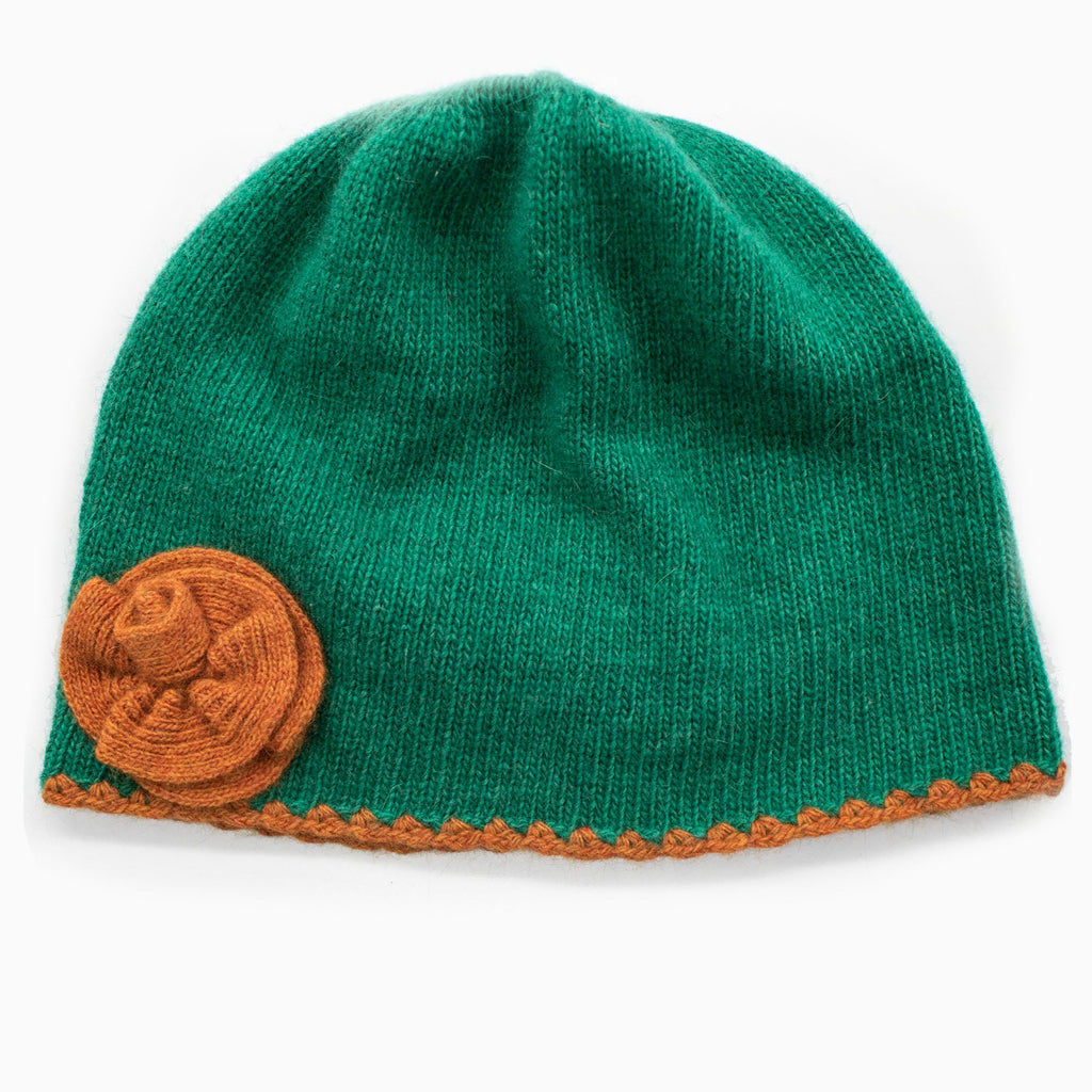 Kids contrast flower beanie in cashmere blend with whipstitch edging, available in various colors — view 2