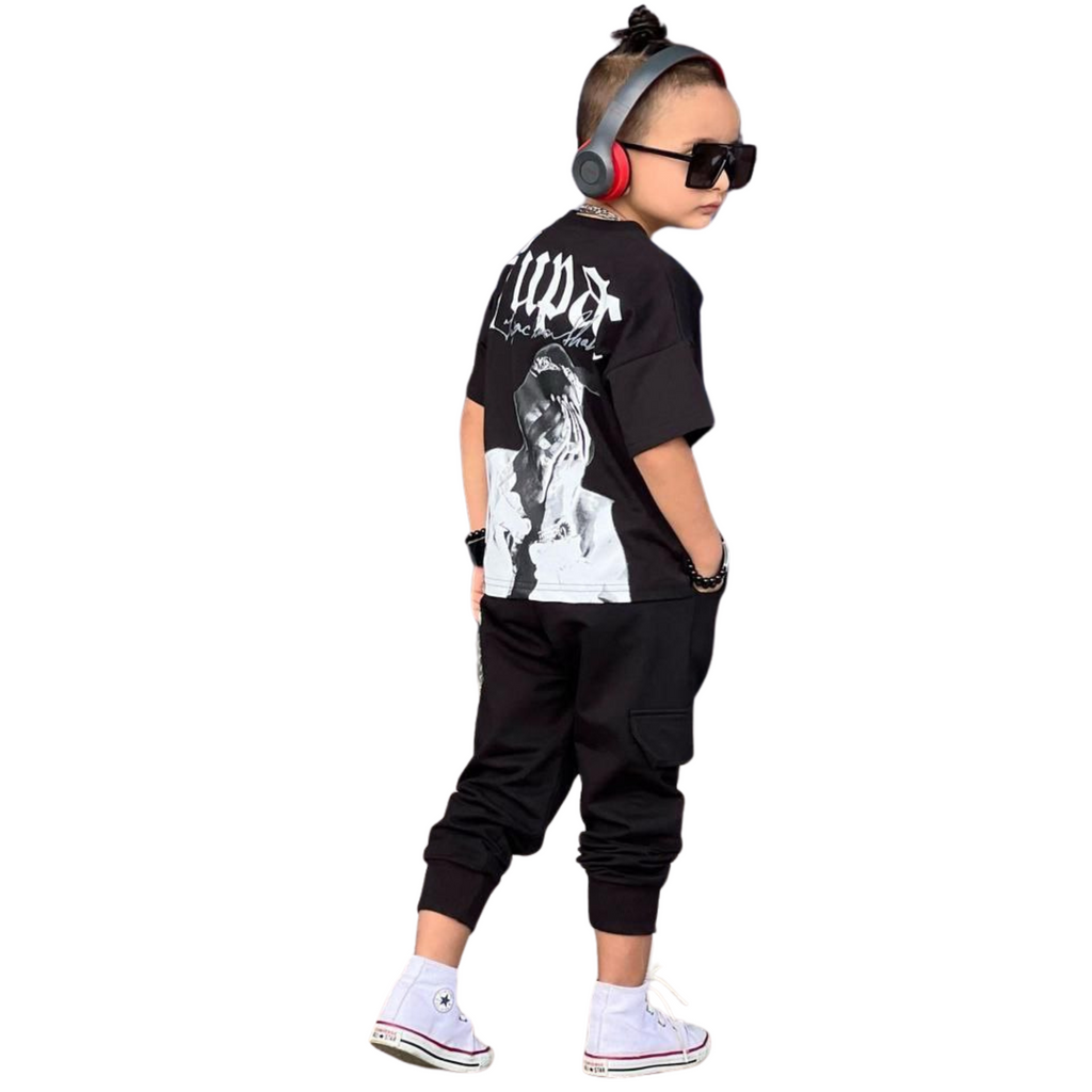 Tupac rap boys jogger set in grey cotton with short-sleeved graphic tee and matching pants — view 3
