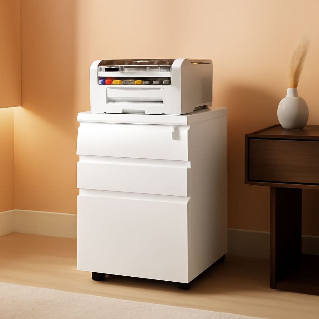 White rolling file cabinet with three secure drawers and matte black accents for office storage.