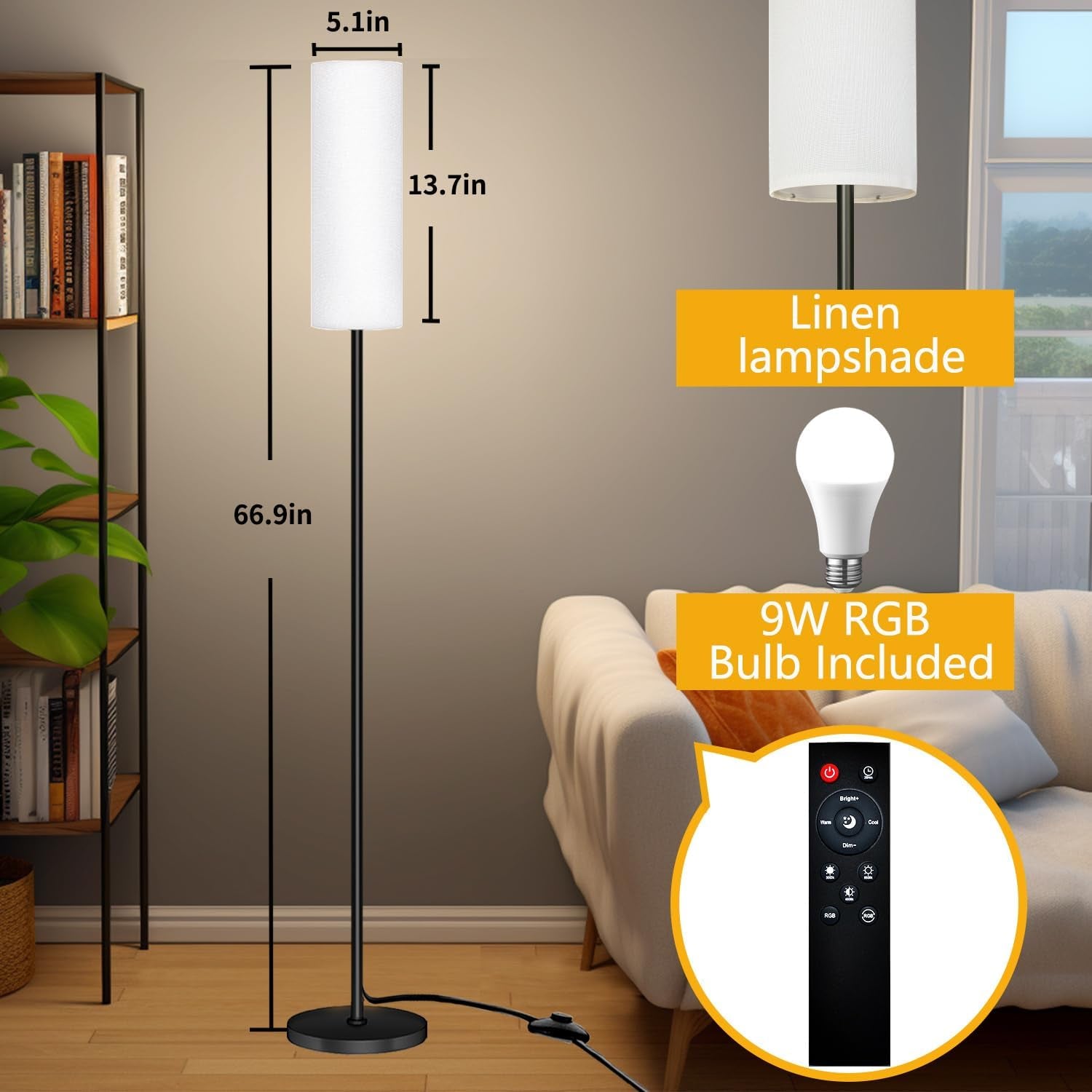 Tall smart LED floor lamp with black pole, white shade, and RGB color changing ambient light — view 2