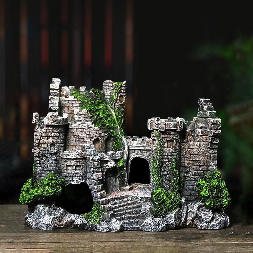 Enchanted resin retro castle aquarium decor with lifelike aquatic plants for fish tanks